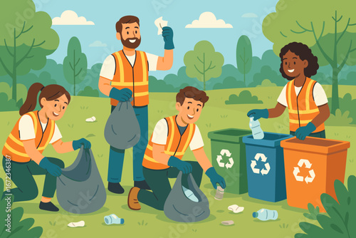 Community members participate in a cleanup event and recycling initiative in a park during a sunny day