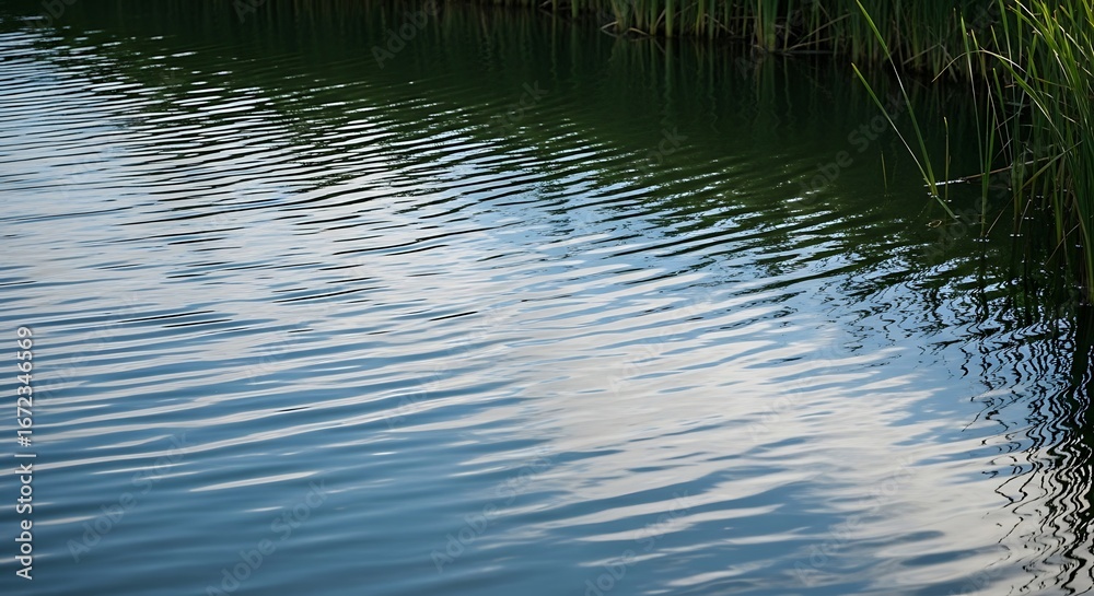 Fototapeta premium Gentle ripples on a calm blue water surface reflecting the sky and green vegetation on a sunny day