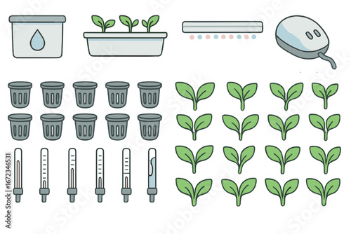 Hydroponics system icon set with seedlings, grow lights, net cups, nutrient reservoir, sensors, and smart agriculture tools