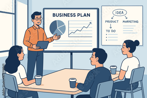 Business meeting focused on strategic planning and presentation of a new business plan in a modern office