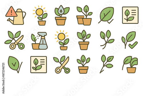 Gardening icons showing plant care activities such as watering, pruning, and sun exposure in a minimalist flat design