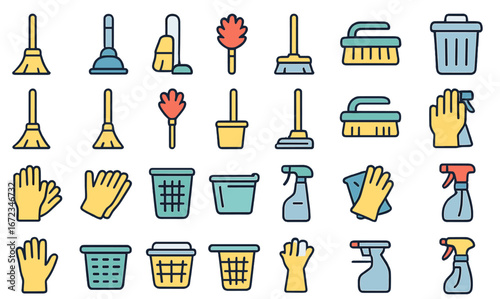 Collection of cleaning tools and supplies arranged in a grid format, showcasing various items for household chores and maintenance needs