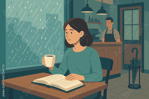 Woman Reading a Book and Drinking Coffee in Cozy Cafe on a Rainy Day