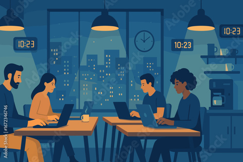 Illustration of people working on laptops in a modern coworking space at night, with city skyline visible through large windows