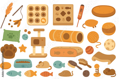 Cat Toys and Accessories Icon Set – Pet Care Essentials with Scratching Posts, Food, Treats, Tunnels, Balls, and Grooming Tools on Warm Gradient Background