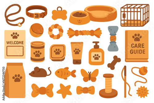 Collection of pet accessories including toys, grooming items, and care guides in various shapes and colors