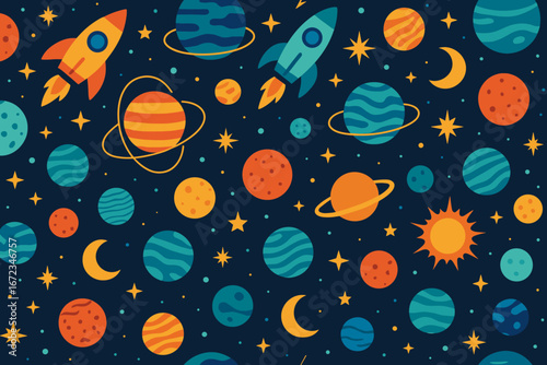 Colorful space-themed illustration featuring rockets, planets, and stars on a dark background