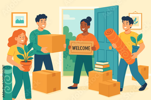 Illustration of friends helping someone move into a new home, carrying boxes, plants, books, and a rolled-up rug, with the new homeowner holding a welcome sign at the door.