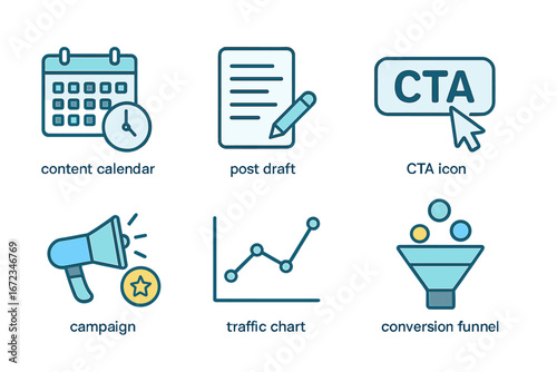 Blue gradient digital marketing icons set including content calendar, post draft, call-to-action button, campaign megaphone, traffic analytics chart, and sales conversion funnel