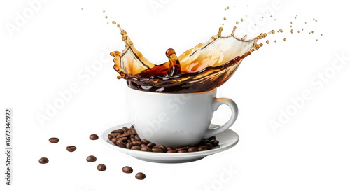 Coffee splash erupting from a white cup with coffee beans scattered around on a black background isolated on a transparent background