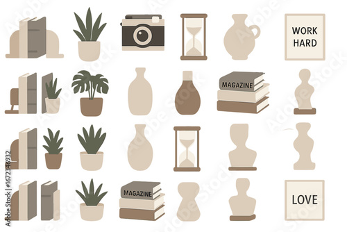 Minimalist home decor icons set with books, potted plants, camera, hourglass, vases, magazines, bust sculptures, and motivational quote frames in neutral beige and green tones