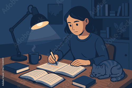 Young woman studies at a desk with a cat while coffee brews in a cozy, dimly lit room during the evening