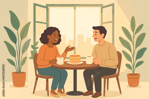 Couple enjoys breakfast together with pancakes and coffee in a cozy indoor setting