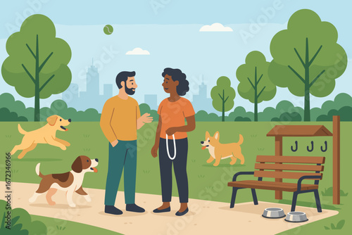 People engage in conversation while dogs play in a city park on a sunny day