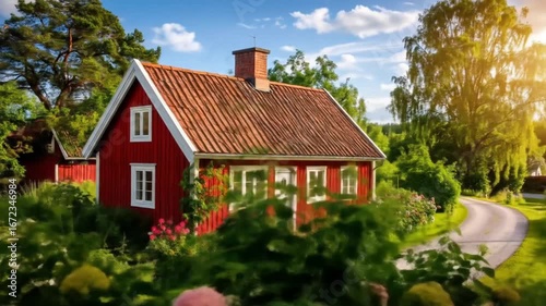 Wallpaper Mural Red house exterior in sunny garden Torontodigital.ca