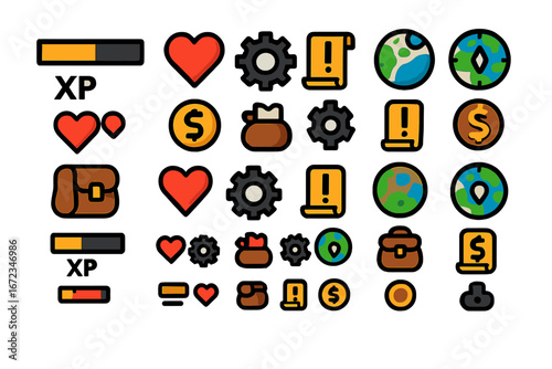 Colorful RPG and gaming icons set featuring XP bars, hearts, gears, quest scrolls, globes, coins, money bags, backpacks, exclamation marks, and location pins in bold outline style