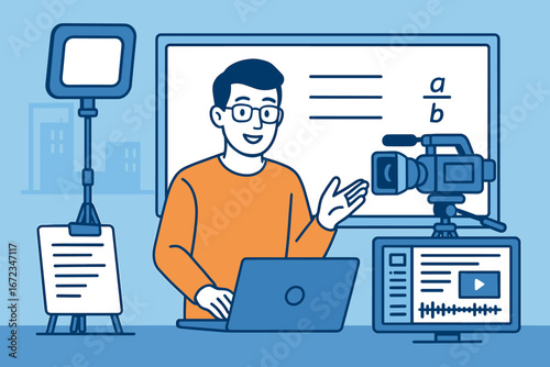 Online teaching session featuring an instructor engaged in virtual learning in a modern classroom setting