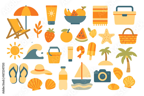 Summer beach essentials featuring colorful items for a relaxing day by the shore