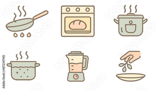 Cooking tools and methods displayed in a colorful layout showcasing various culinary techniques and food preparation steps
