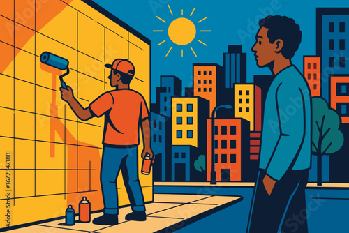 Illustration of an urban street scene in bright colors, with one person painting a large mural on a wall using a roller and spray paint