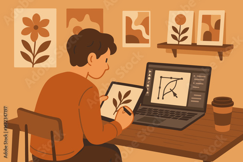 Creative process unfolds in a cozy workspace with digital design and sketching