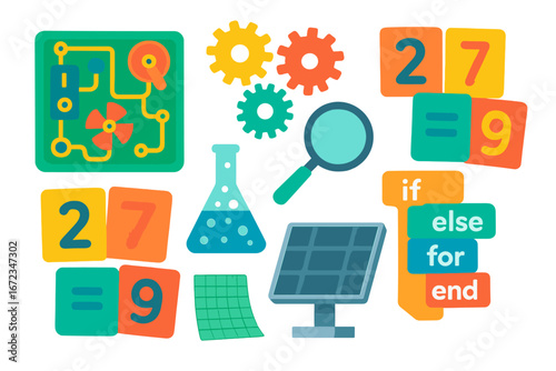 Colorful STEM education illustration with coding blocks, math equations, gears, circuit board, magnifying glass, beaker, solar panel, and graph paper on vibrant gradient background