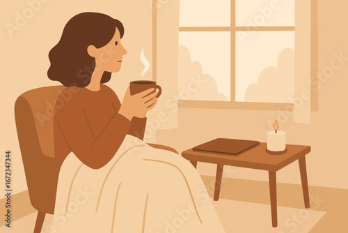 Woman enjoying warm beverage in cozy indoor setting with natural light during a relaxing afternoon