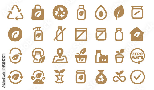 Icons representing sustainability and eco-friendly practices in a modern design set for awareness campaigns and education