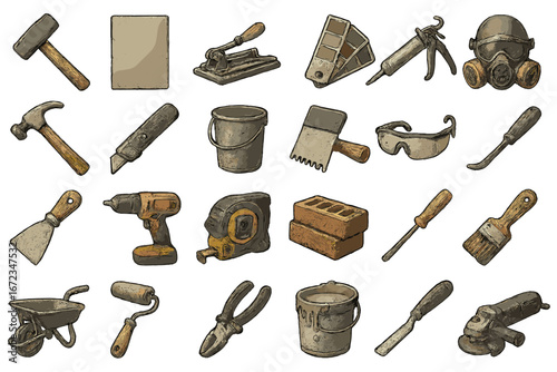Construction and DIY tools icons set with hammer, drill, pliers, paintbrush, safety gear, bricks, bucket, trowel, and measuring tape in vintage style