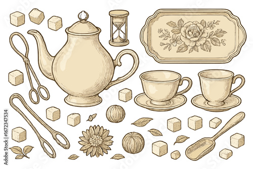 Vintage Tea Set Illustration with Teapot, Cups, Sugar Cubes, Tray, Flowers, and Tea Accessories on Brown Gradient Background – Hand-Drawn Antique Style