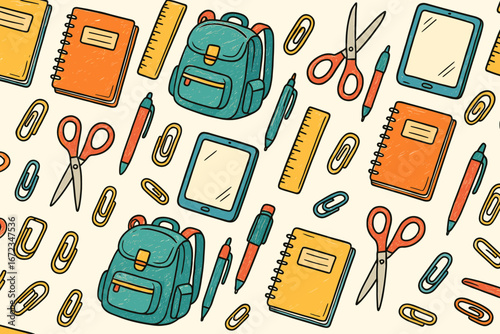 Illustration of a seamless pattern with colorful school supplies, including backpacks, notebooks, scissors, pens, rulers, tablets, and paper clips