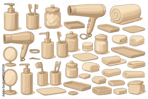 Various beige bathroom accessories arranged artistically, showcasing everyday essentials for personal care