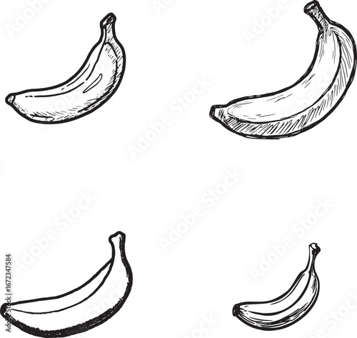 Doodle hand-drawn banana icon, a simple vector illustration of an open banana against a white background. The design should convey simplicity and clear outlines in a monochrome style.eps
