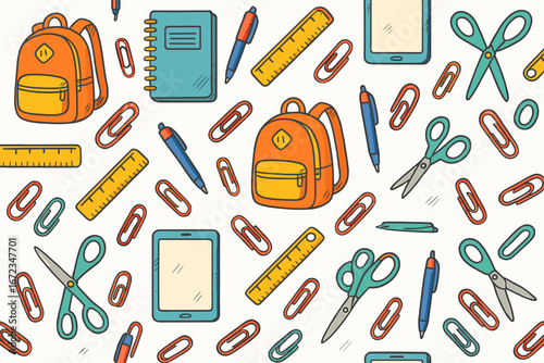 Illustration of a seamless pattern with colorful school supplies, including orange and yellow backpacks, blue notebooks, rulers, pens, tablets, scissors, paper clips, and a utility knife