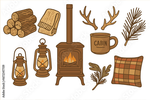 Cozy Hand Drawn Cabin Icons with Fireplace, Lanterns, Logs, Blanket, Mug, Antlers, Pine Branches, and Plaid Pillow on Warm Brown Background