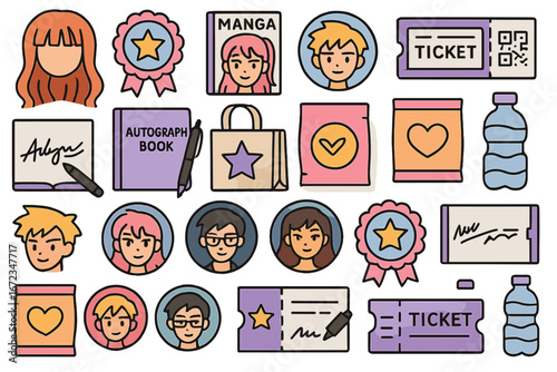 Colorful fan convention and anime event icons set including character avatars, award badges, manga books, autograph books, merchandise bags, snacks, water bottles, tickets, and collectible signatures
