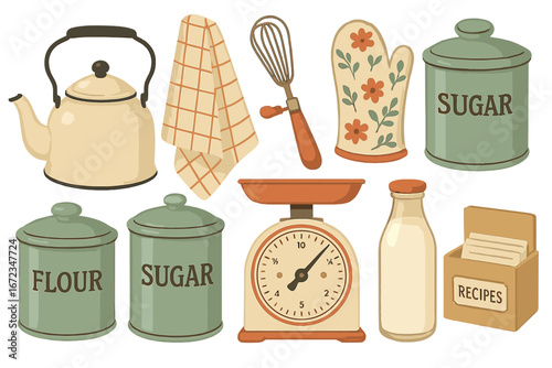 Vintage kitchen illustration set with kettle, tea towel, whisk, floral oven mitt, sugar and flour canisters, kitchen scale, milk bottle, and recipe box in retro pastel colors
