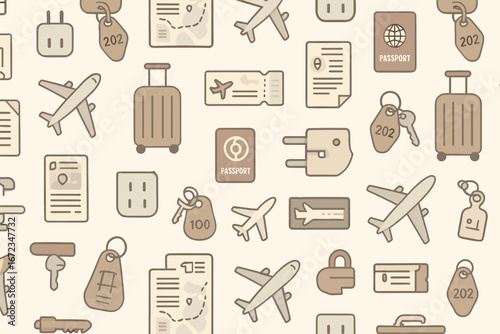 Travel-themed illustrations feature luggage, passports, airplanes, and travel tags on a light background, capturing the excitement of journeying