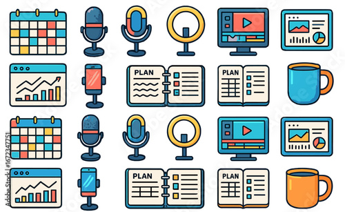 Flat design illustration of colorful content creation and productivity icons including calendars, microphones, ring lights, smartphones, planning notebooks, coffee mugs, video editing screens