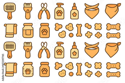 Graphic representation of pet grooming tools and accessories arranged in a neat pattern for easy identification and use