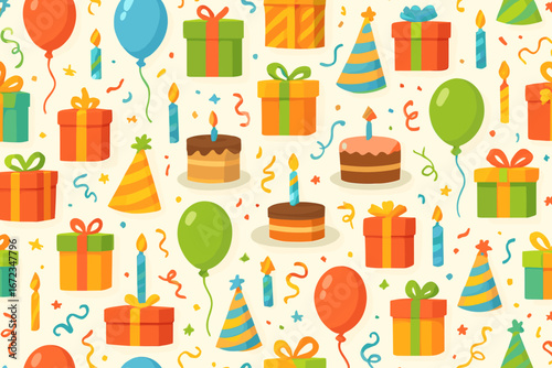 Fun and festive birthday party decorations with colorful balloons, gifts, and cakes spread across a cheerful background