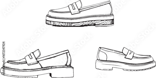 Fashion line drawing of women's shoes, loafer style with thick sole and slip-on design, shown in three views front, back, and side, on a flat white background.eps