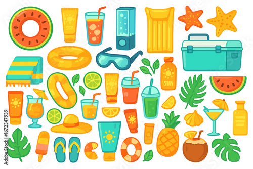 Colorful summer beach elements arranged for a fun seaside getaway without any trademarked items