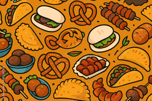 Food illustration featuring a variety of dishes including tacos, pretzels, and skewers on an orange background