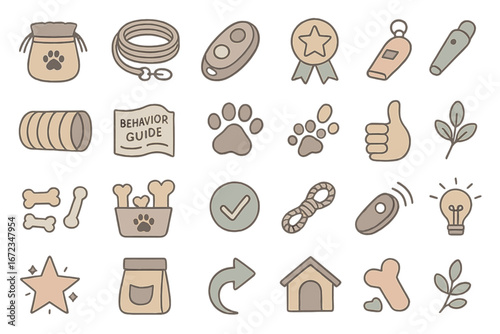 Collection of pet training symbols and icons featuring behavior guides, rewards, and supplies in soft colors