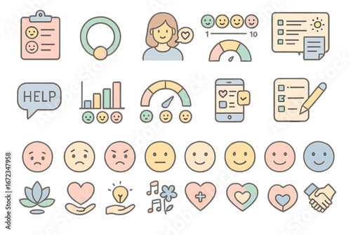 Illustrations of emotional and mental health concepts including charts, expressions, and wellness tools in soft colors