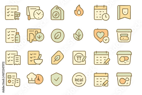 Collection of simple icons representing food tracking, meal planning, and healthy lifestyle choices in an organized layout