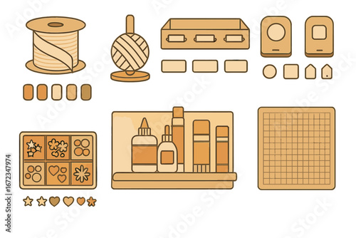 Vector illustration of craft supplies and tools including ribbon, glue, cutting mat, paper punches, and embellishments
