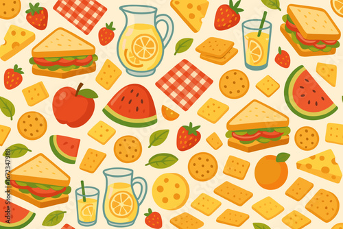 Colorful and vibrant picnic food pattern featuring sandwiches, fruits, and drinks perfect for summer gatherings