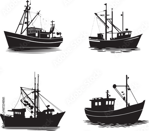 Fishing boat icon, a simple silhouette vector on a white background, in black and white, SVG cut file design.eps